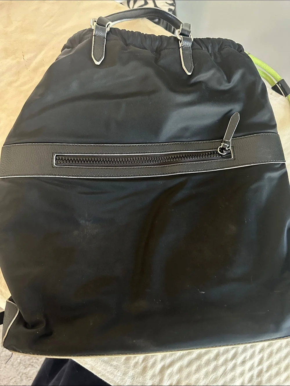 Cole Haan Zerogrand Convertible Nylon Backpack Tote in black with lime green